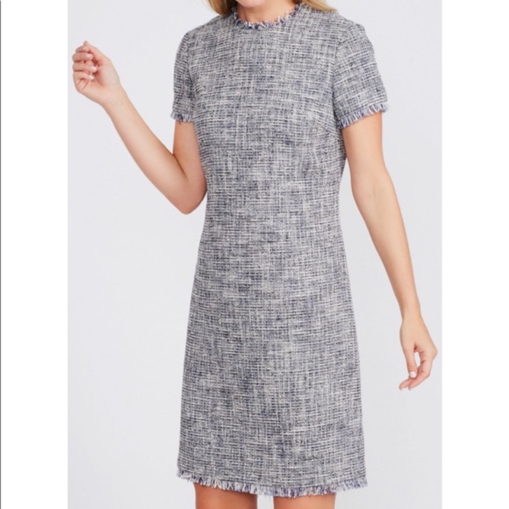 J. McLaughlin Clarence Blue Tweed Fringe Edge Shift Dress 8